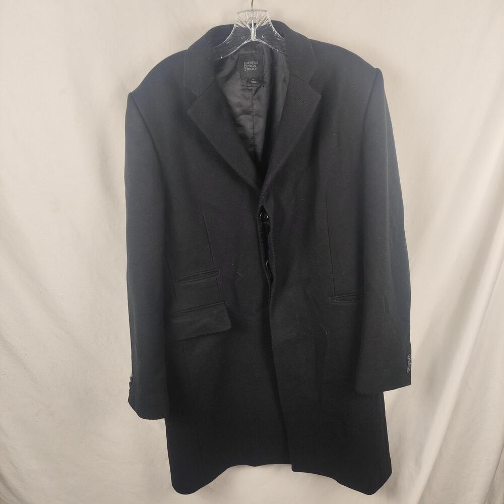 Express Design Studio Coat Mens Medium Black Wool Overcoat Single Breasted Lined